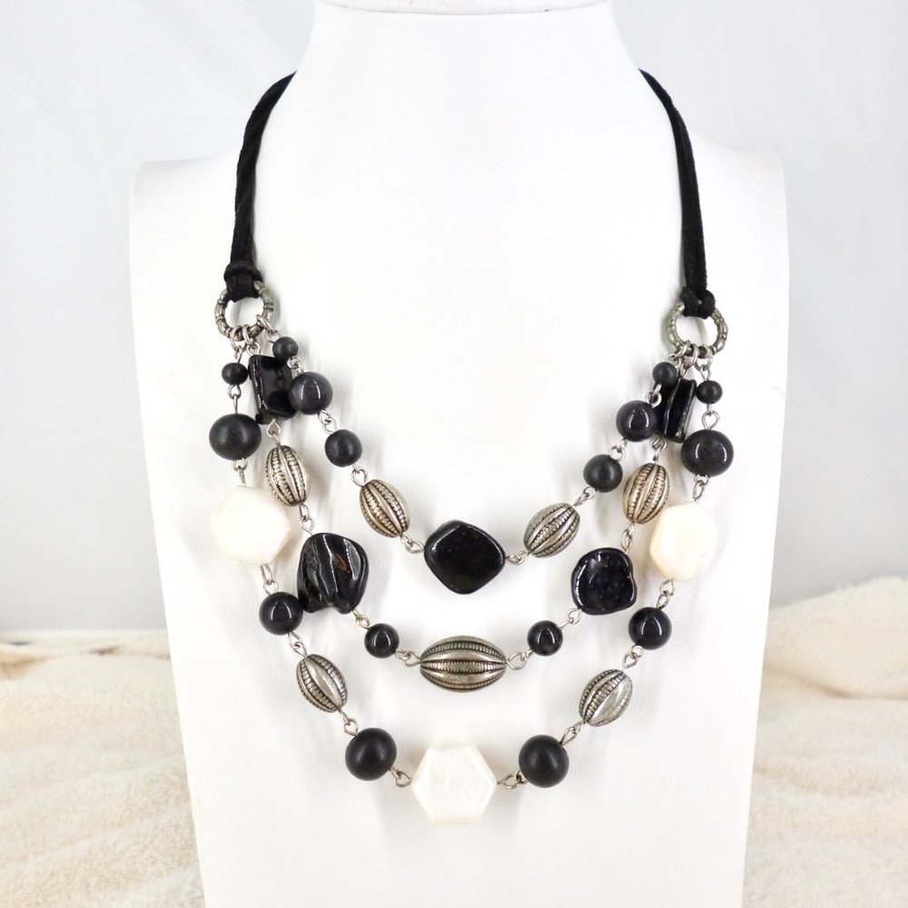 Necklace Multi Layer Black White Gunmetal Gray Textured Beads Suede Cord Perfect